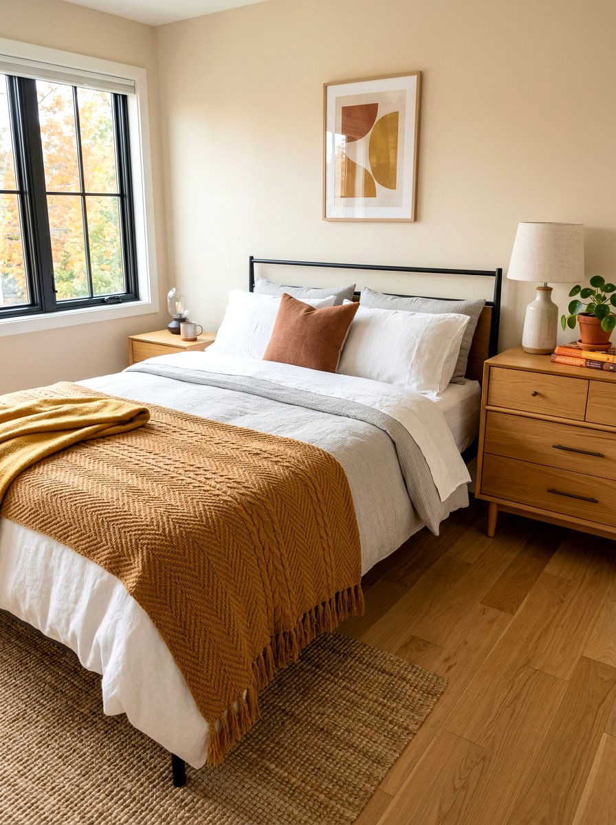 Muted Ochre Throw Blanket - 30 earthy minimalist bedroom ideas