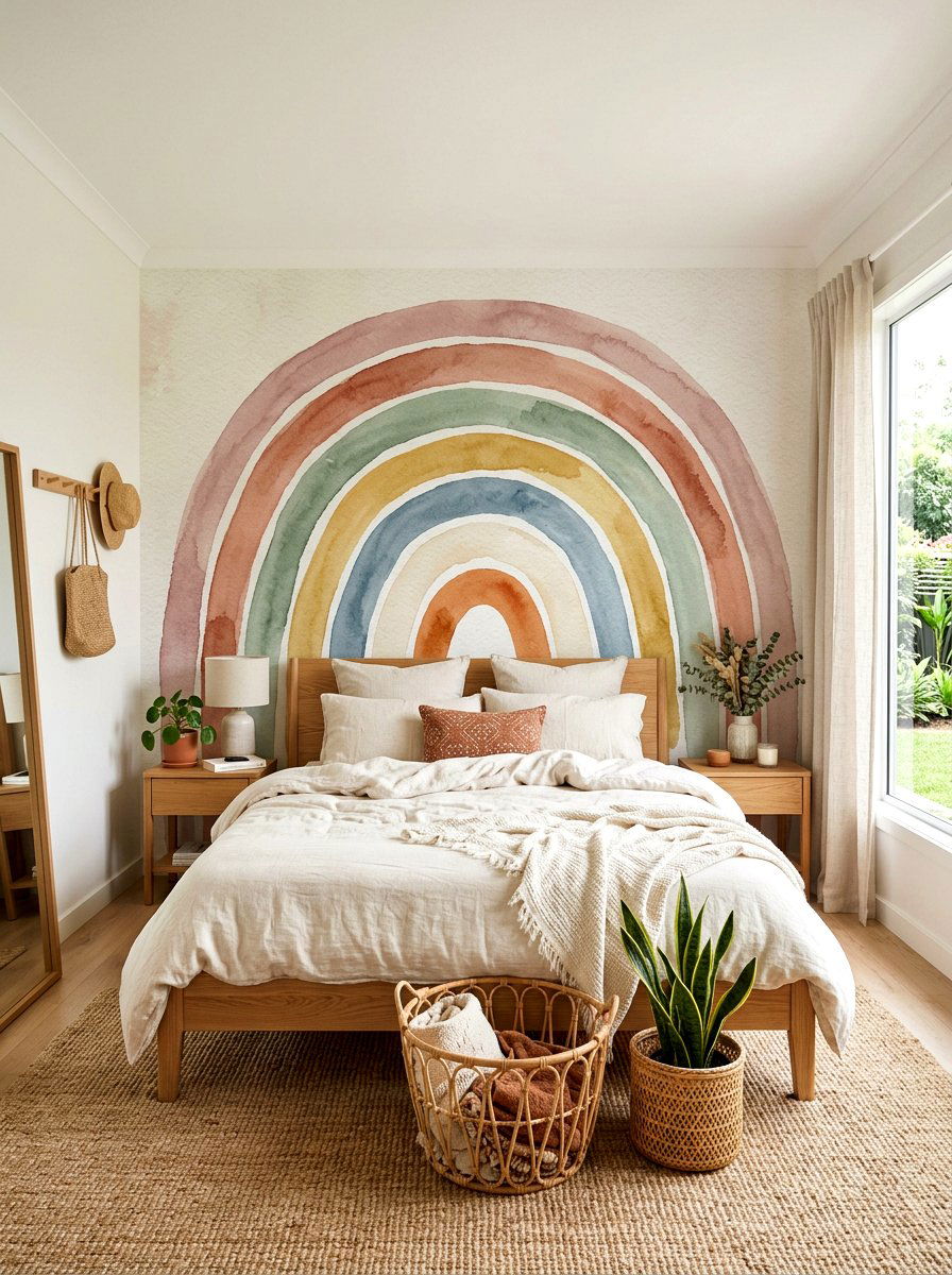 Muted Rainbow Wall Mural - 30 muted rainbow bedroom ideas