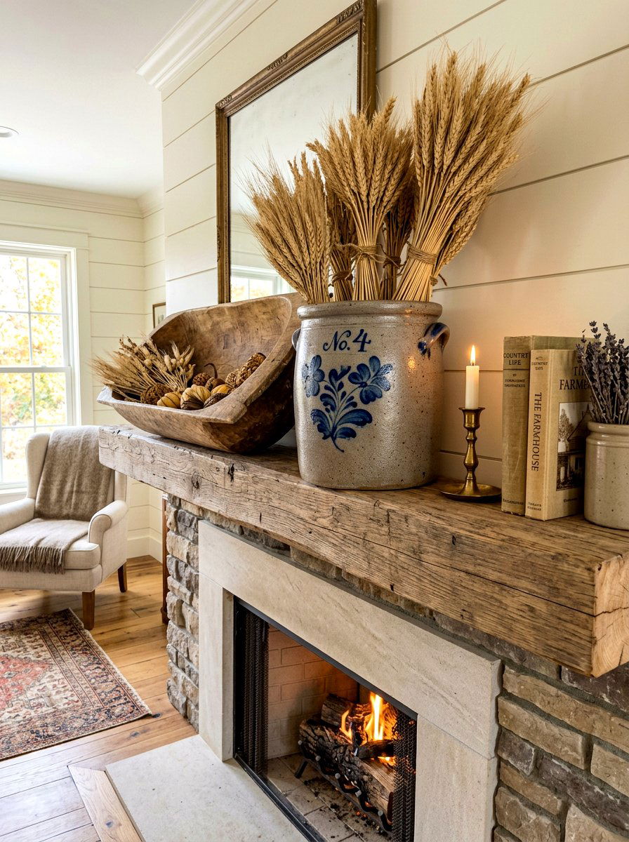 Muted Stone Crock - 30 vintage mantel styling ideas