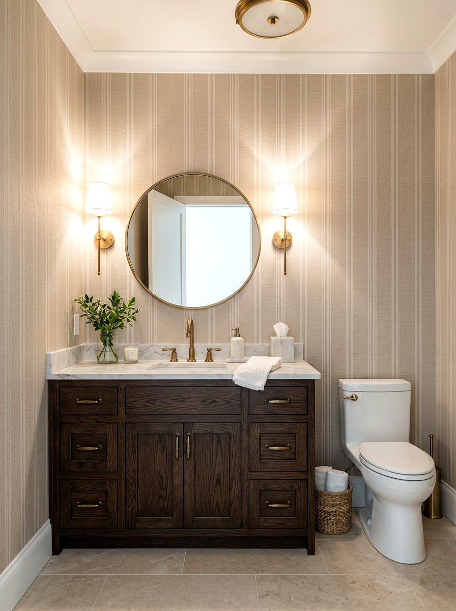 Muted beige striped wallpaper - 30 striped powder room ideas