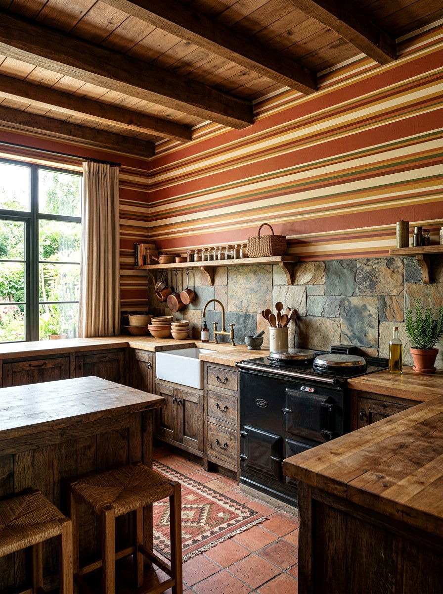 Muted earthy tone striped kitchen - 30 striped kitchen wallpaper ideas