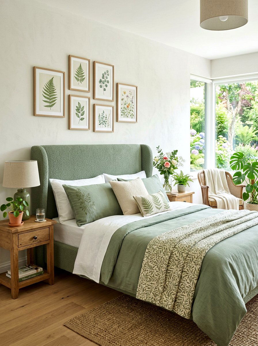 Muted green boucle headboard - 30 boucle headboard ideas
