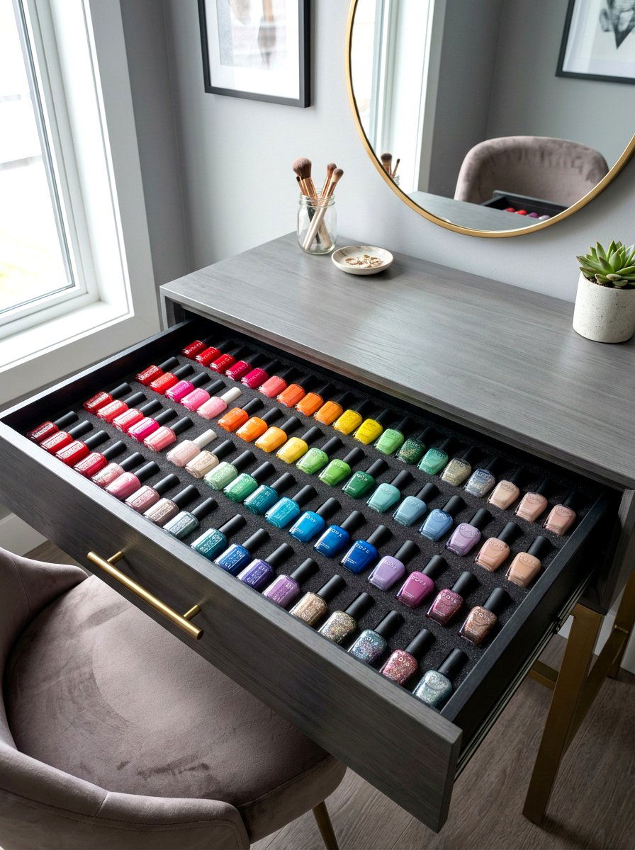 Nail polish drawer display - 30 vanity drawer organization ideas