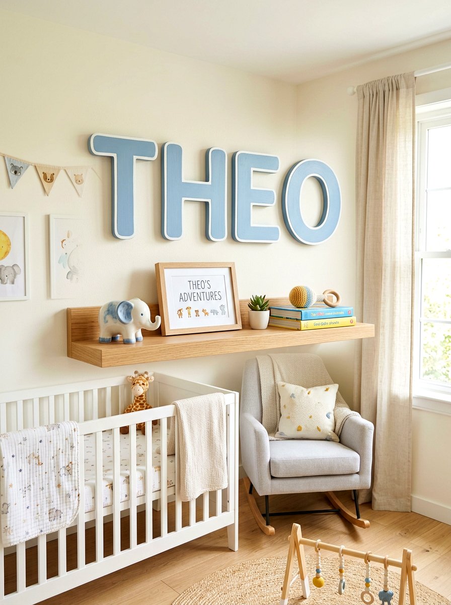 Name Sign Shelf - 30 nursery shelf styling ideas