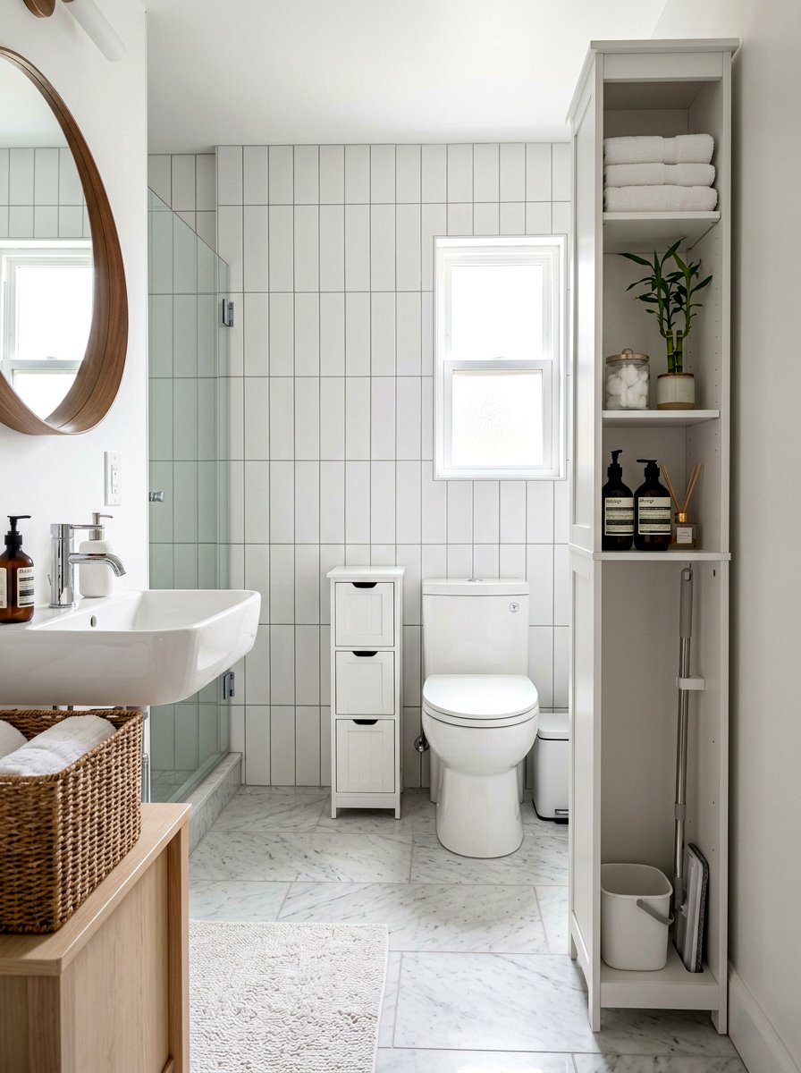 Narrow Bathroom Tower - 30 mop broom storage ideas