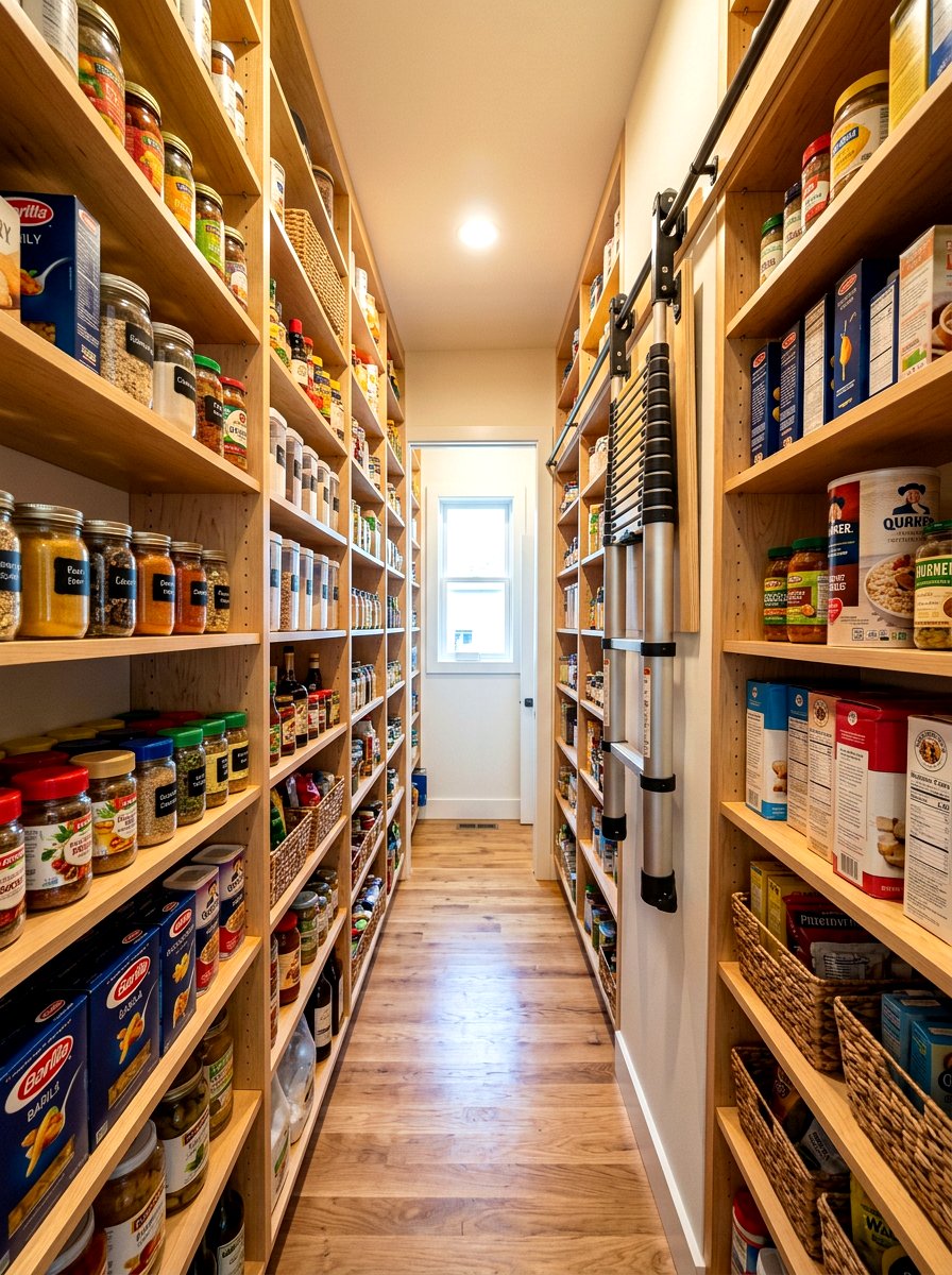 Narrow Pantry With Telescoping Ladder - 30 pantry with library ladder ideas