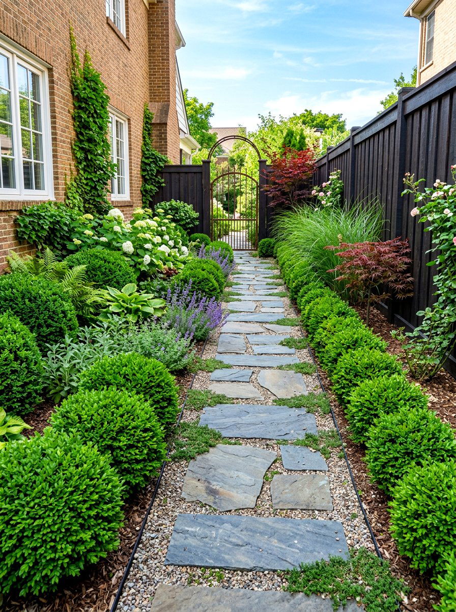 Narrow Stone Path With Shrubs - 30 side yard privacy fence landscaping ideas