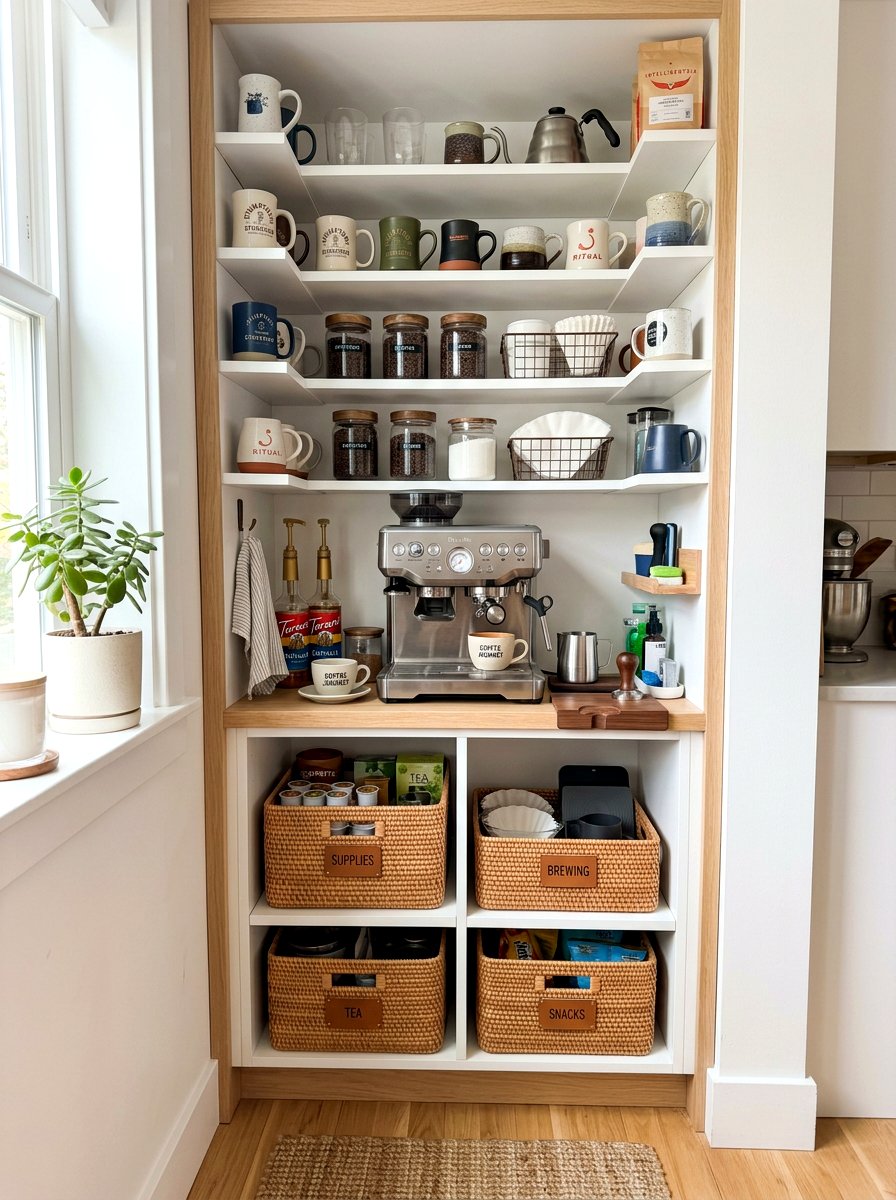 Narrow Vertical Coffee Nook - 30 coffee nook pantry ideas