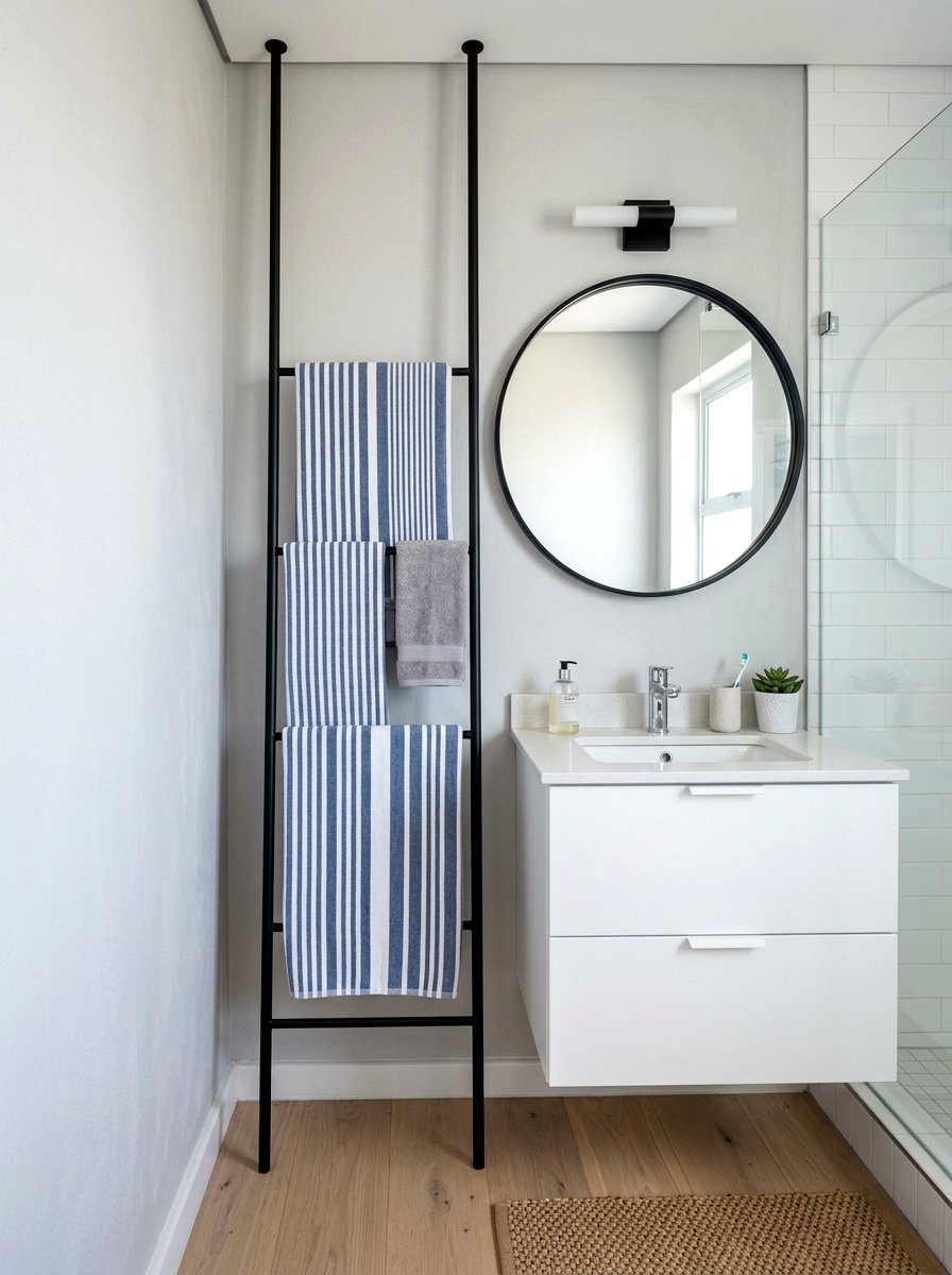 Narrow Vertical Towel Ladder - 30 towel ladder ideas