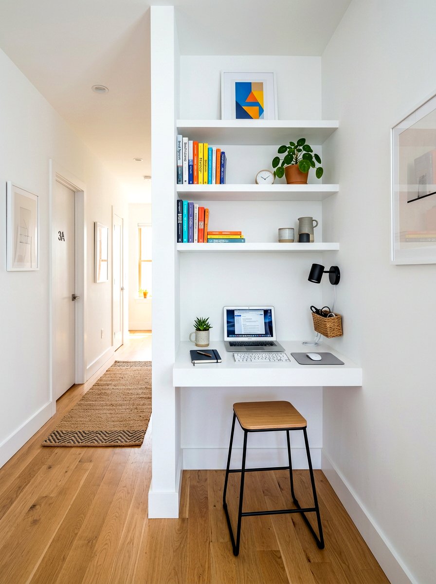 Narrow White Office Hallway Nook - 30 white office built in ideas