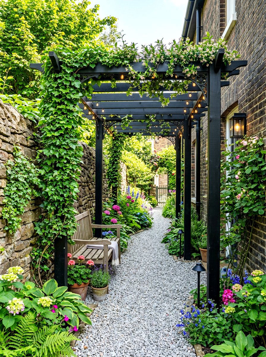Narrow black pergola for side yard - 30 black pergola ideas