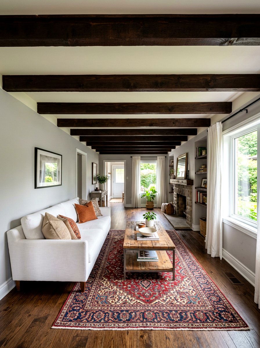 Narrow living room ceiling beam - 30 long living room ideas