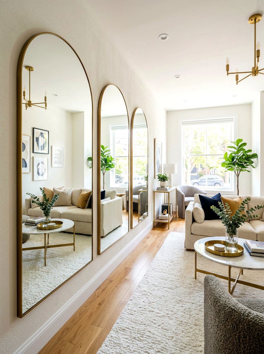 Narrow living room mirror wall - 30 long living room ideas