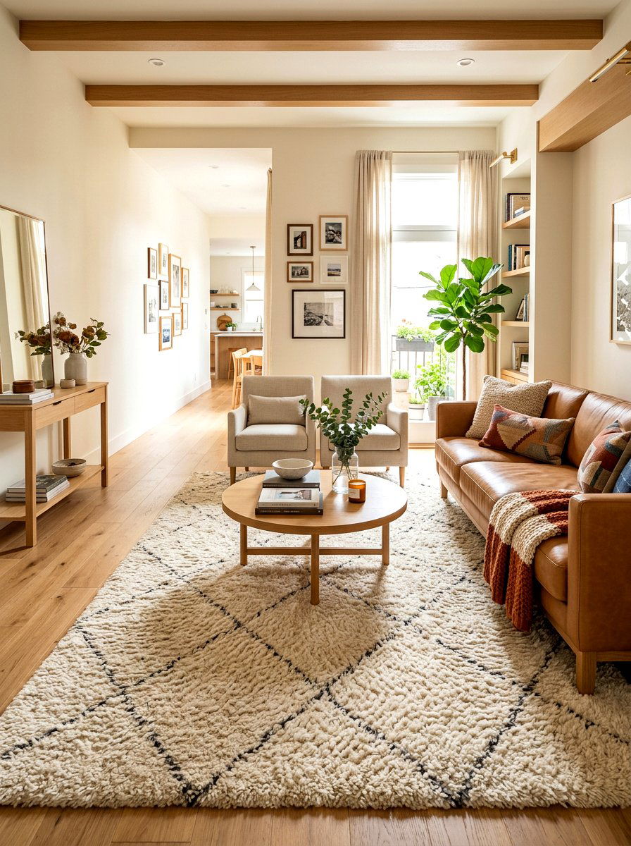 Narrow living room textured rug - 30 long living room ideas