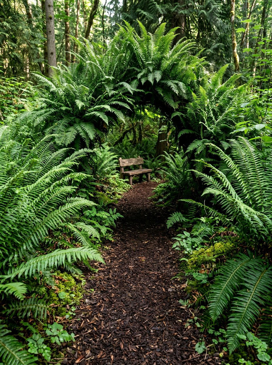Narrow mulch path with ferns - 30 secret path garden ideas