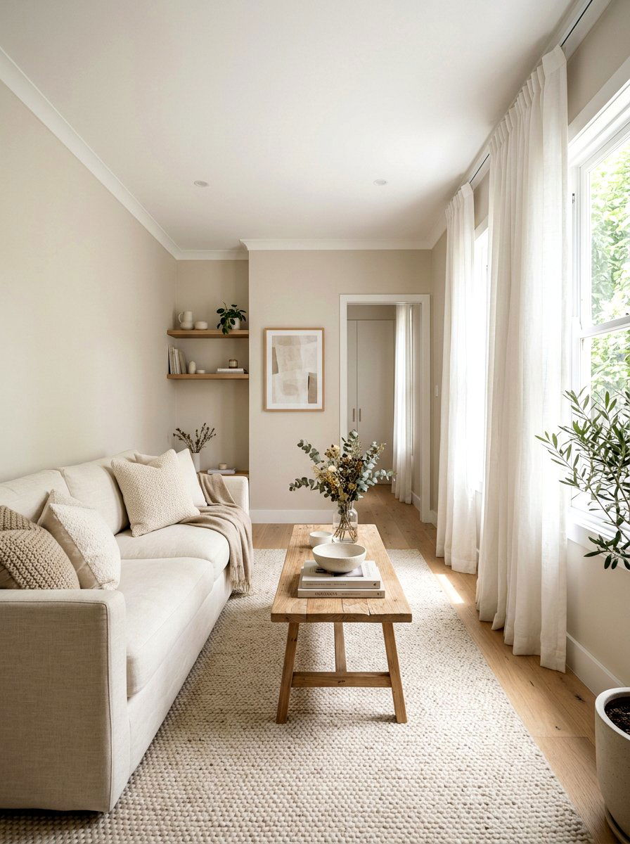 Narrow room neutral color palette - 30 long living room ideas