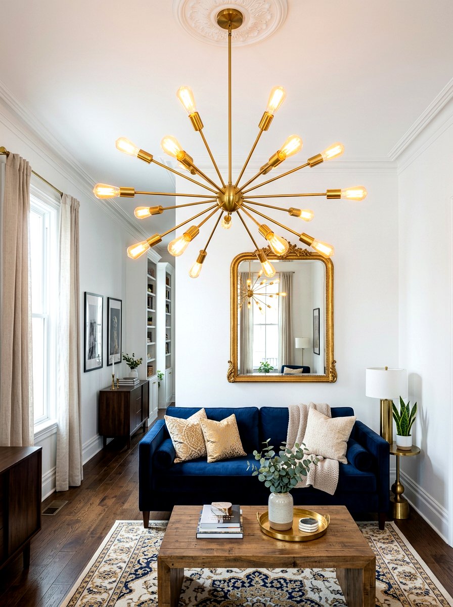 Narrow room statement chandelier - 30 long living room ideas