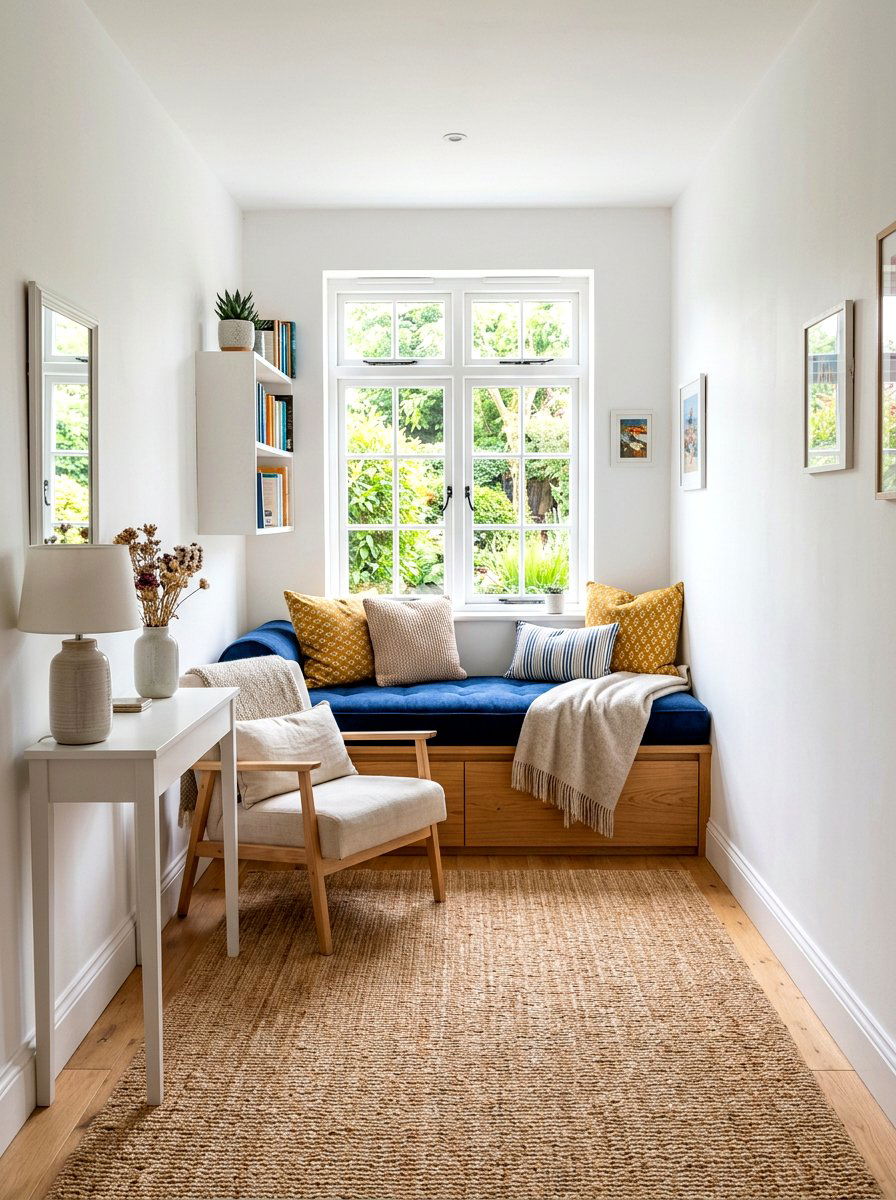 Narrow room window seat - 30 long living room ideas