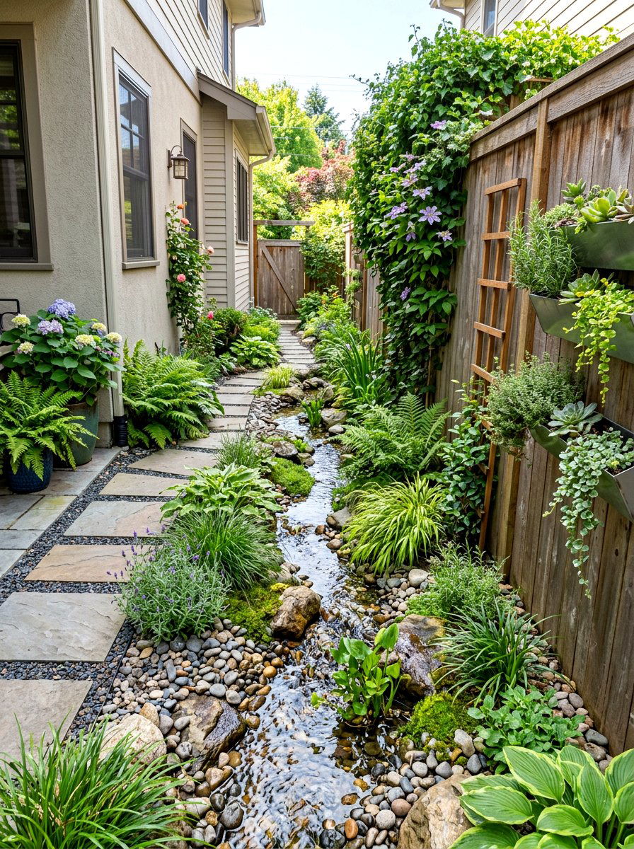 Narrow side yard stream - 30 backyard stream ideas