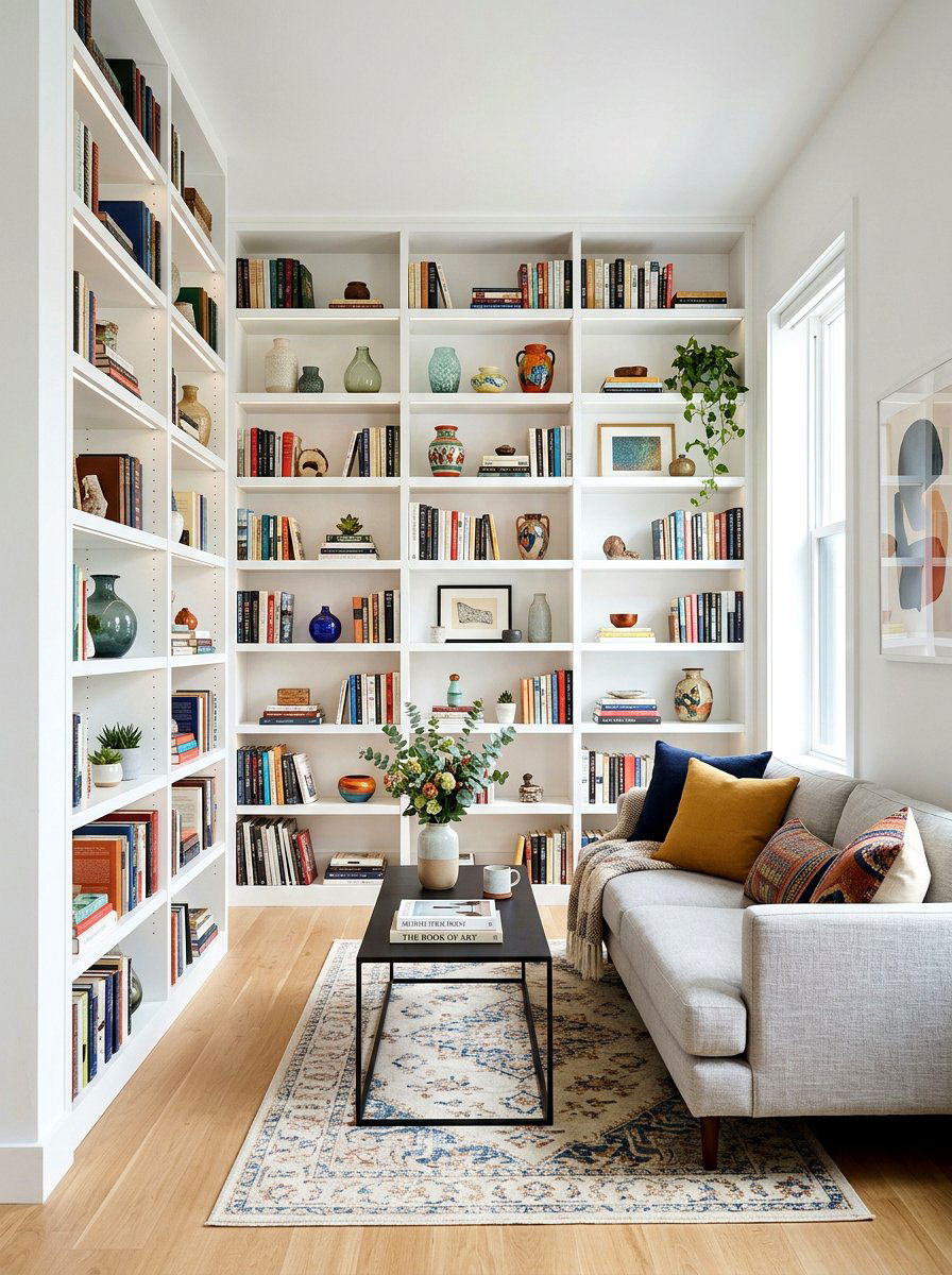 Narrow space built in shelving - 30 long living room ideas
