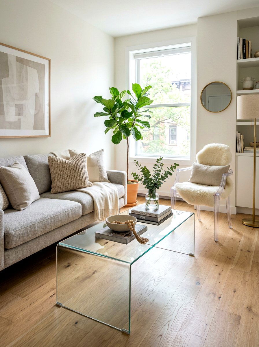 Narrow space glass furniture - 30 long living room ideas