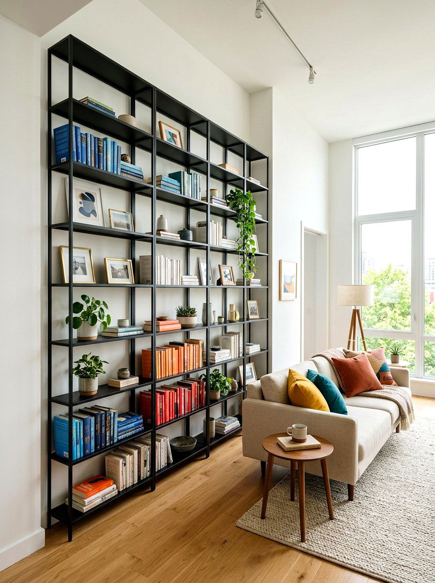 Narrow space vertical storage - 30 long living room ideas