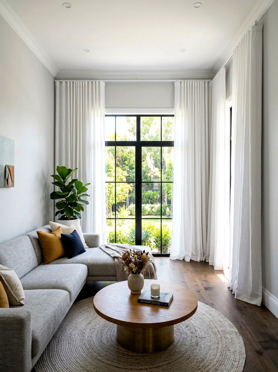 Narrow space window treatment - 30 long living room ideas