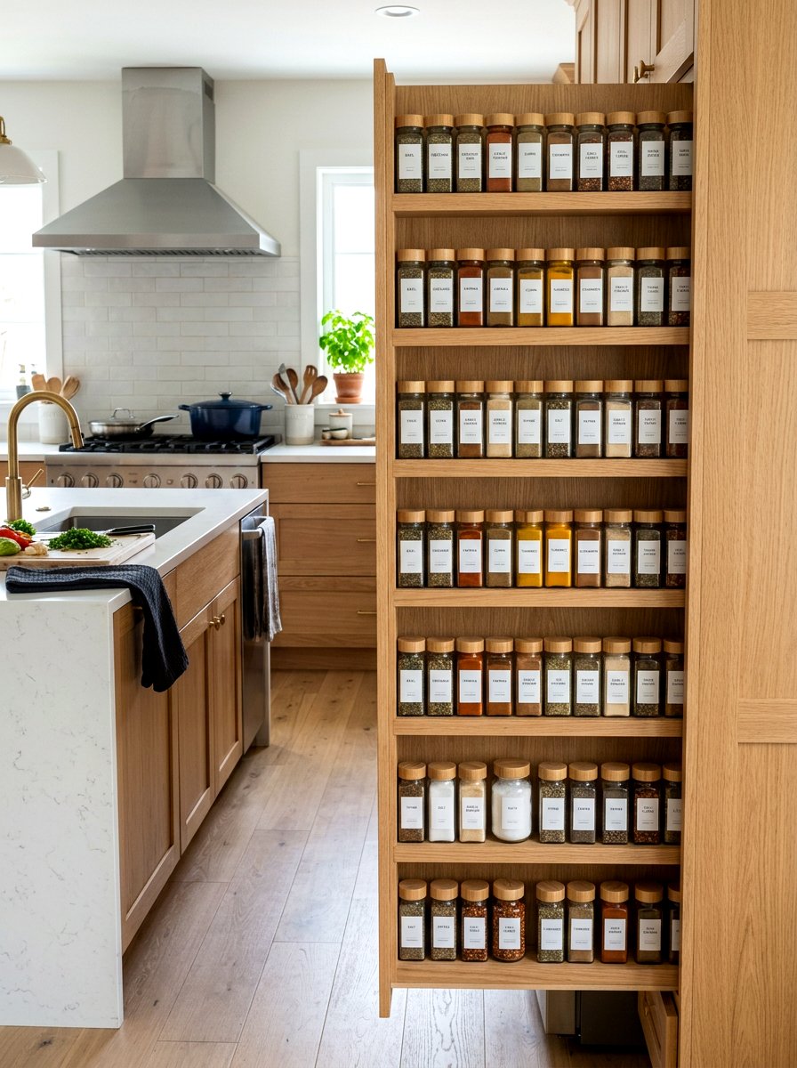 Narrow spice shelf - 30 tiny kitchen open shelf ideas