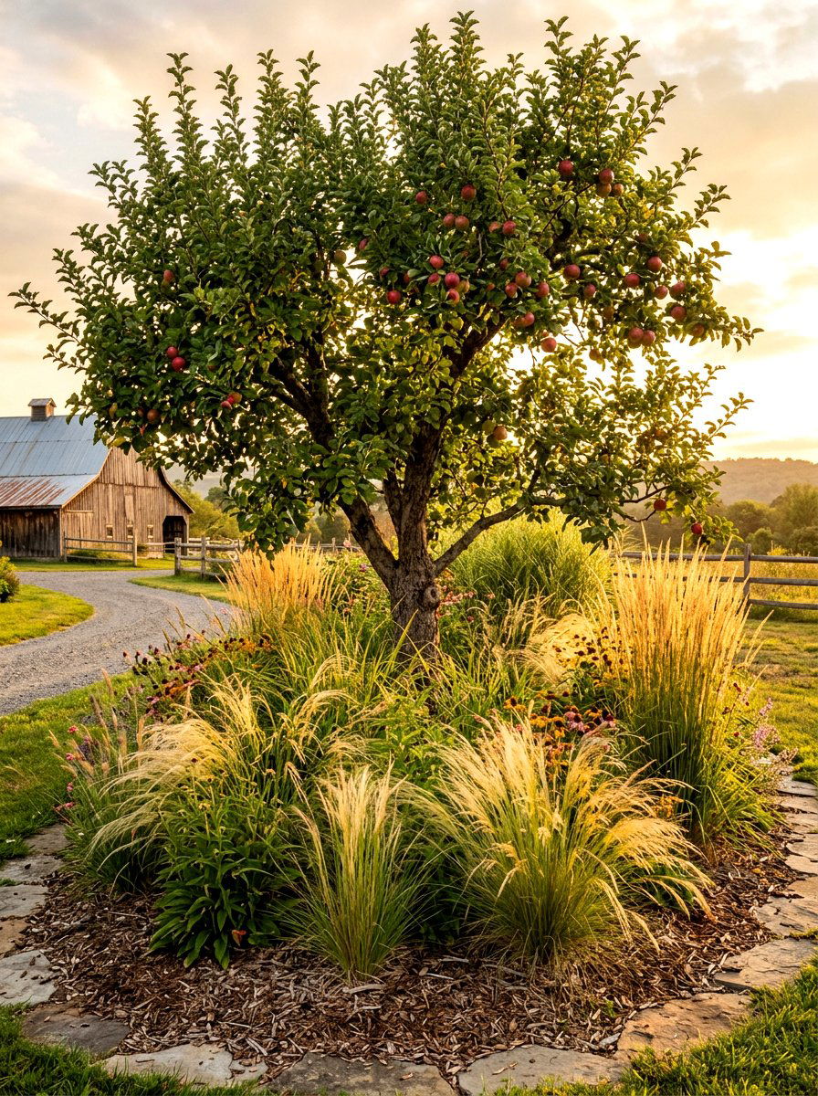 Native Grass Apple Tree Base - 30 apple tree border ideas