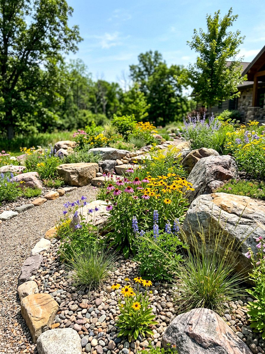 Native Plant Rock Bed - 30 rock mulch front yard ideas