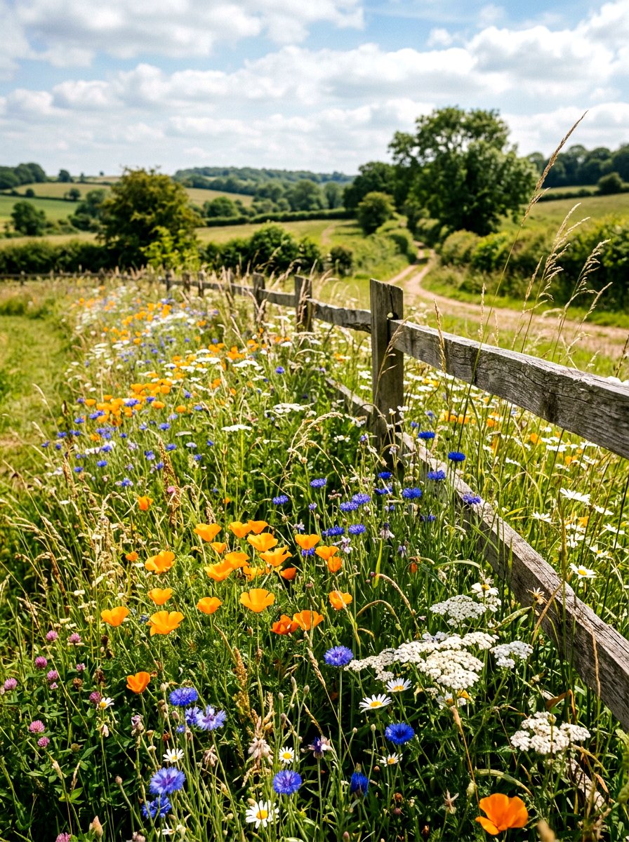 Native Wildflower Meadow Strip - 30 fence line flower bed ideas