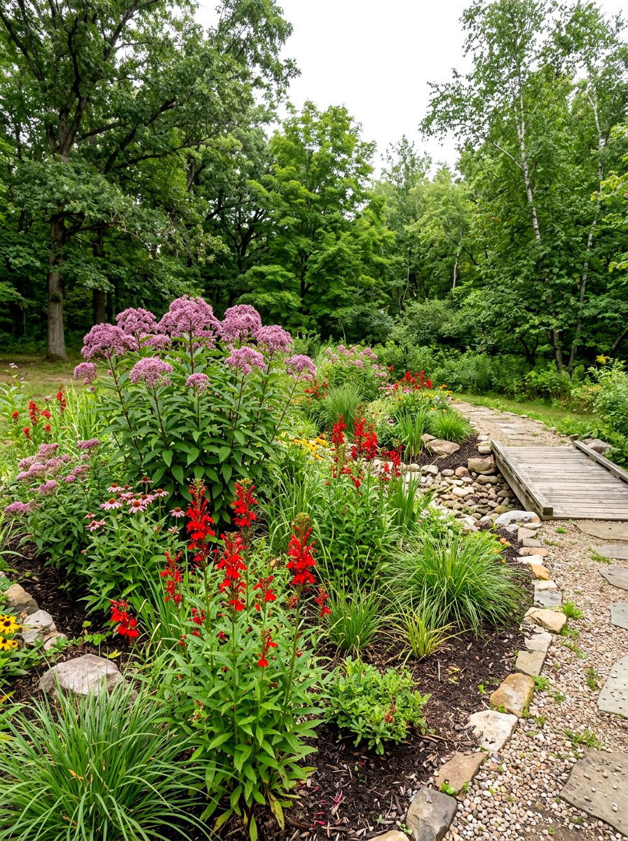 Native rain garden - 30 pollinator backyard garden ideas