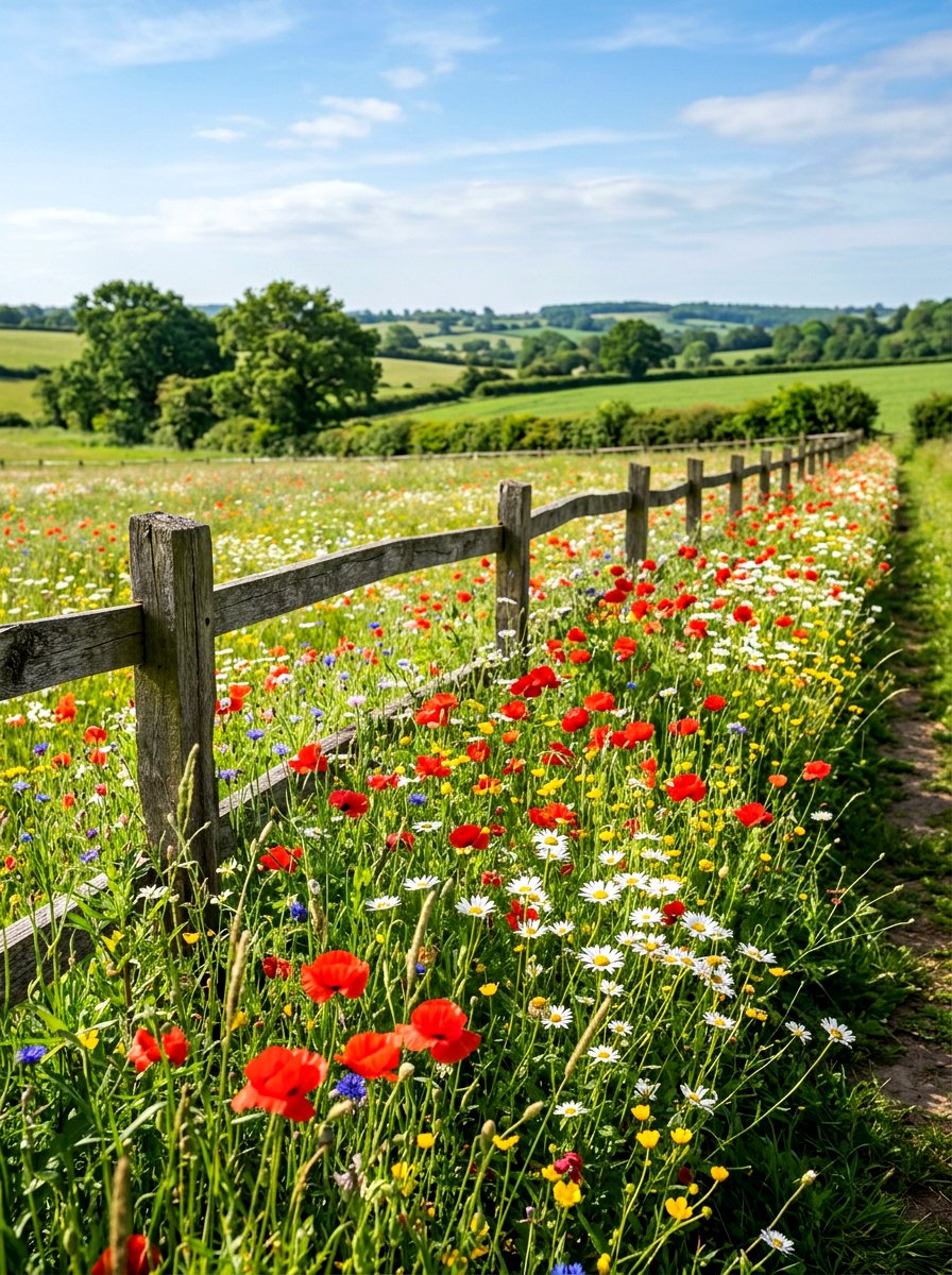 Native wildflower meadow border - 30 border planting ideas along fence