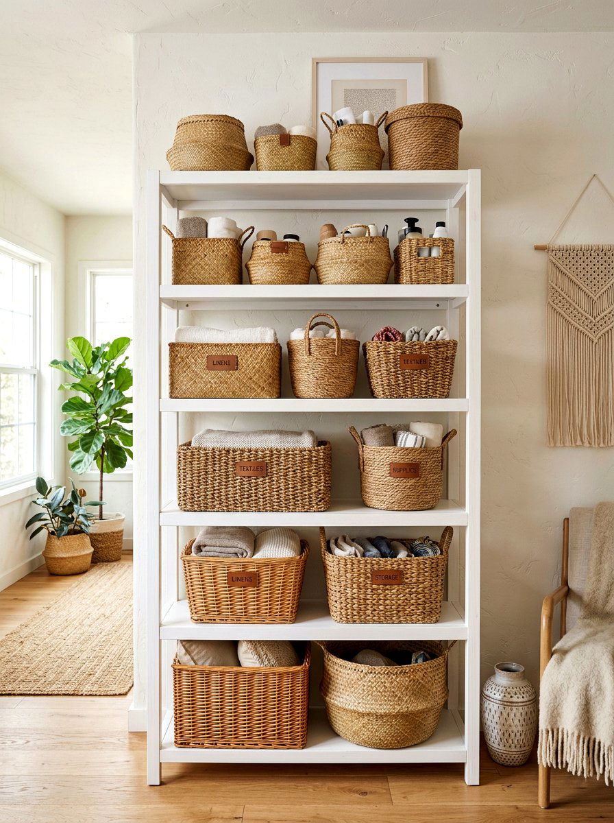 Natural Basket Storage System - 30 capsule wardrobe closet ideas