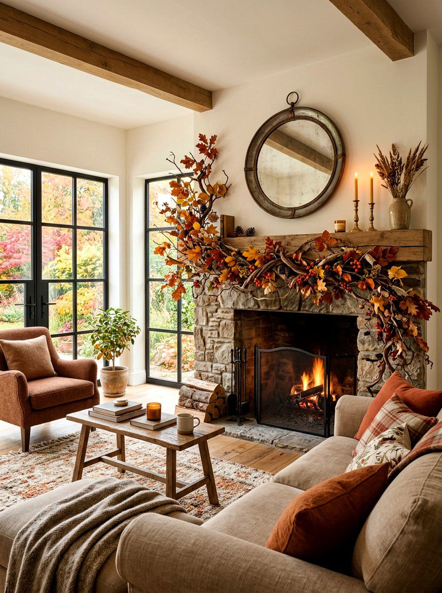 Natural Branch And Leaf Garland - 30 fall mantel styling ideas