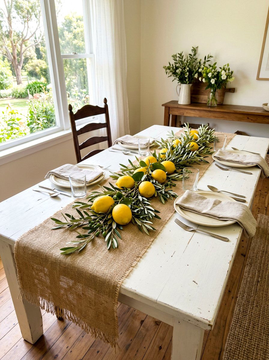 Natural Burlap Runner - 30 lemon and olive summer tablescape ideas