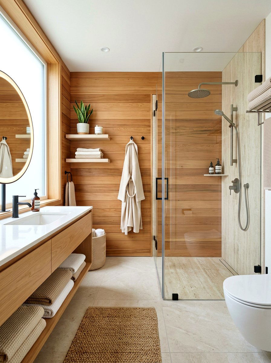 Natural Cedar Wood Wall Panels - 30 sauna inspired bathroom ideas