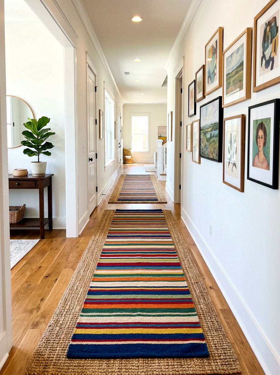Natural Fiber Base With Colorful Runner - 30 entrance rug layering ideas