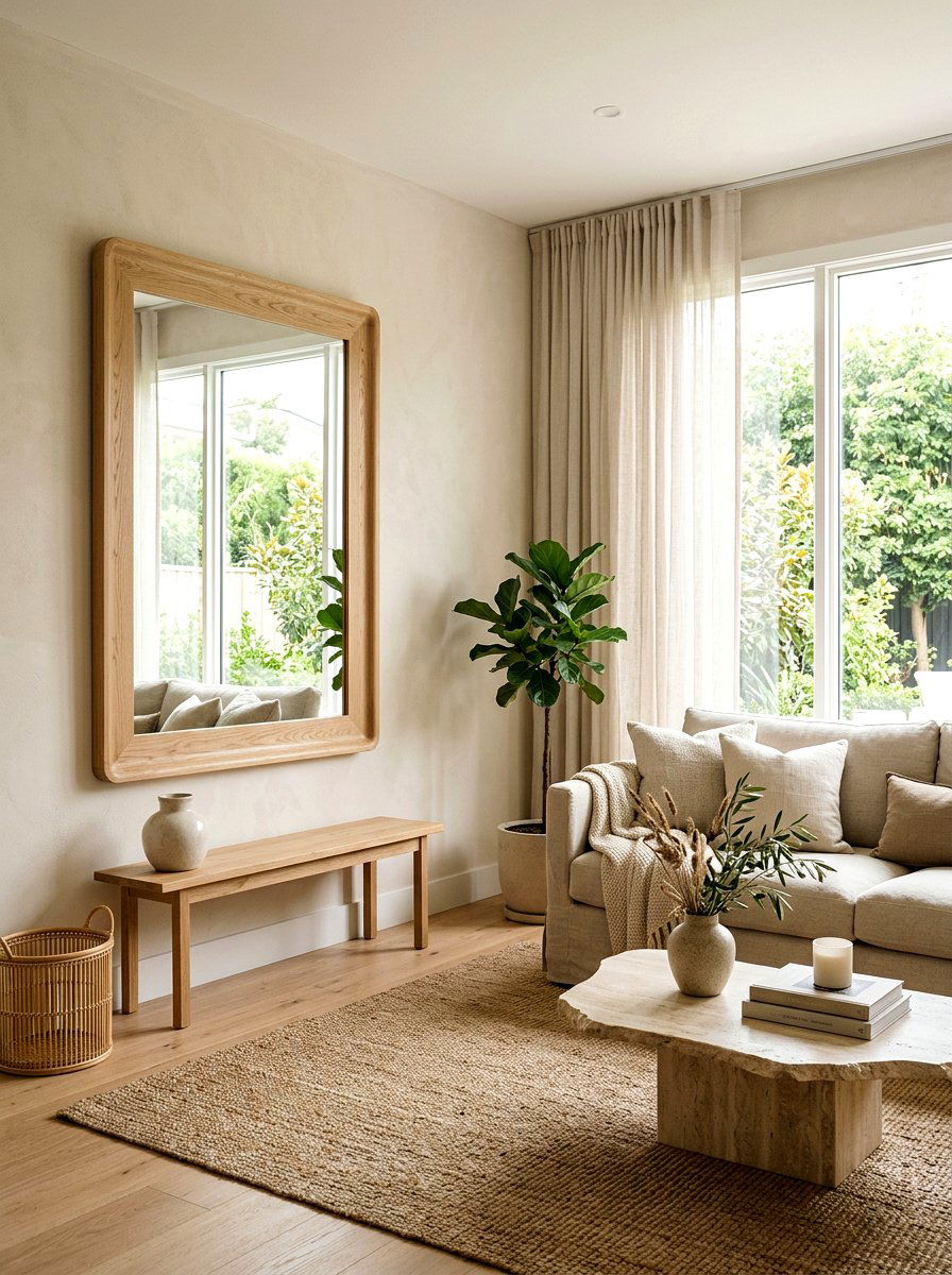 Natural Oak Mirror Organic Modern Space - 30 oversized mirror leaning wall ideas