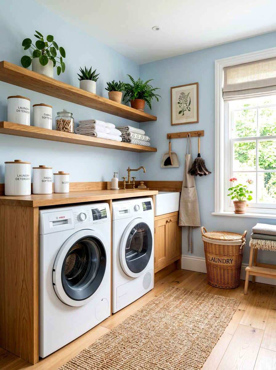 Natural Oak Shelving - 30 laundry room shelf ideas