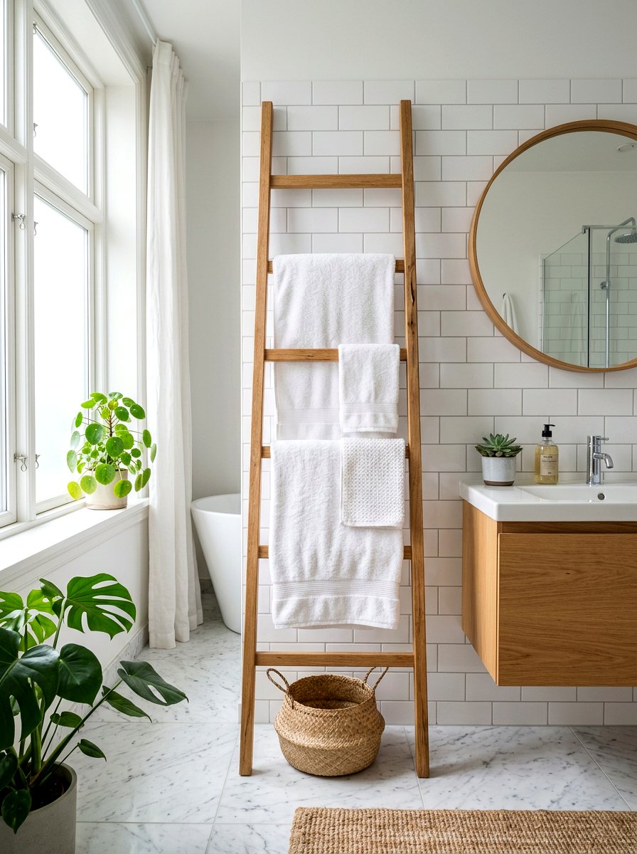 Natural Oak Towel Ladder - 30 towel ladder ideas