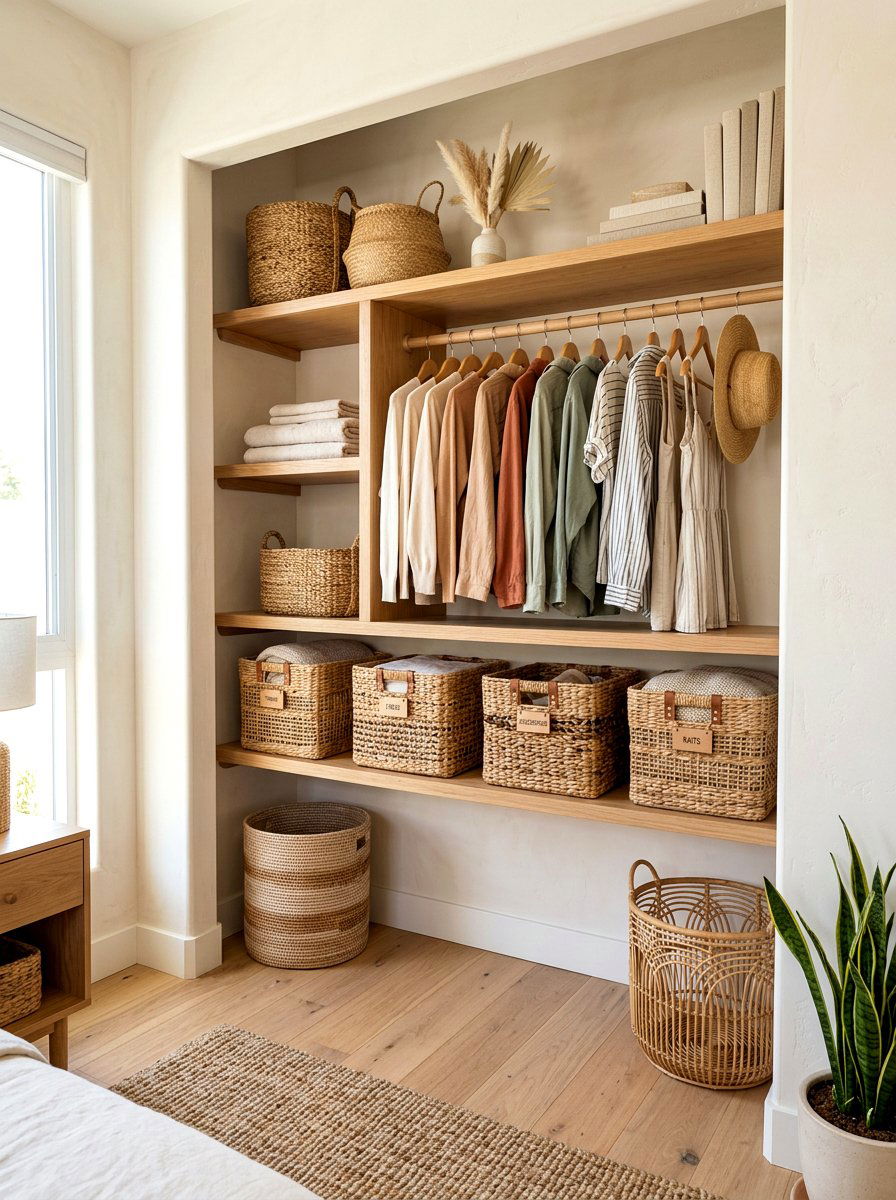 Natural Rattan Basket Storage - 30 open closet aesthetic ideas