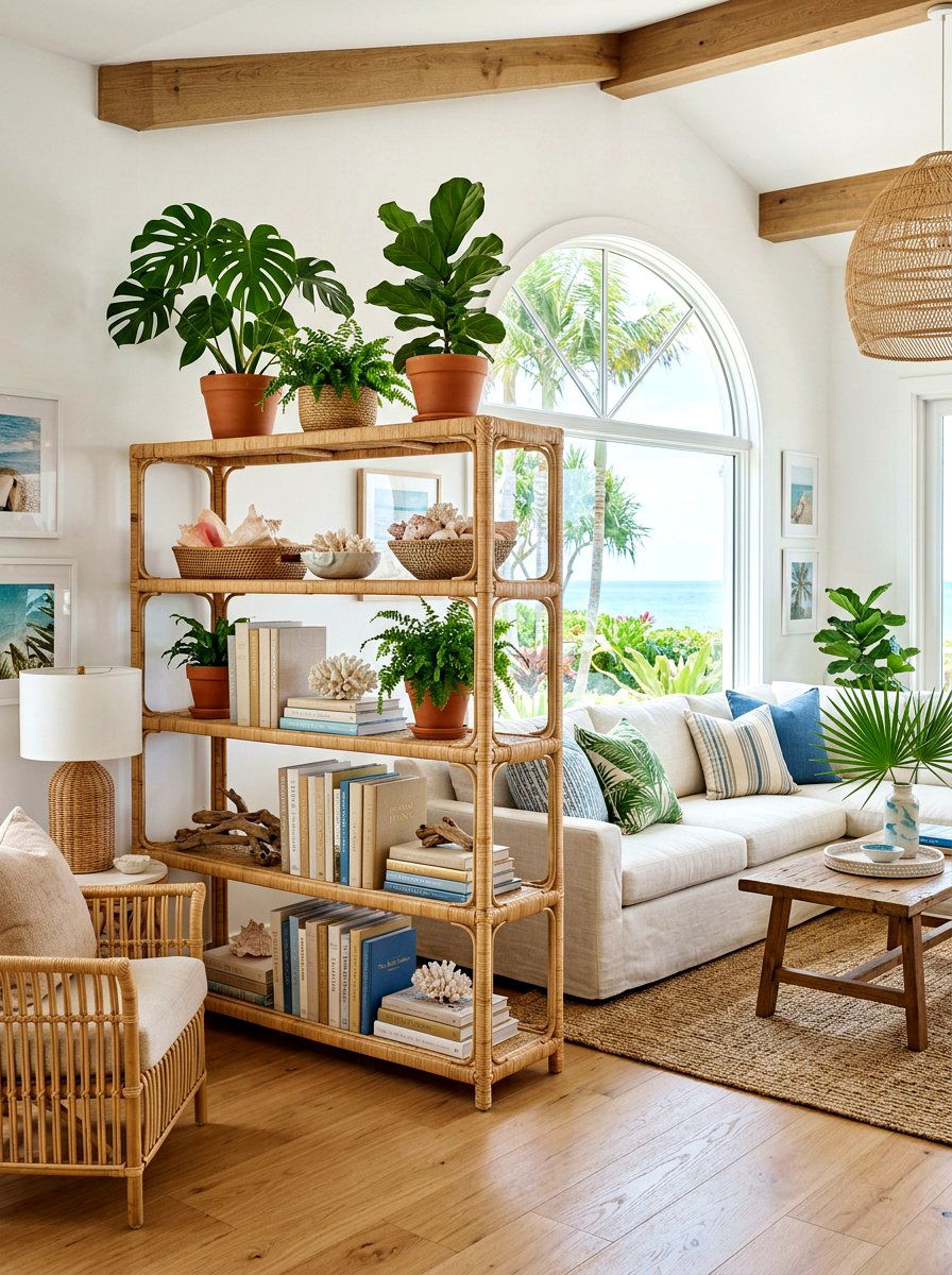 Natural Rattan Shelving - 30 living room shelf decor ideas