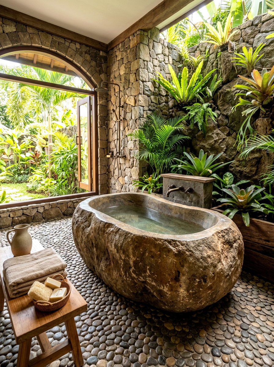 Natural River Stone Tub - 30 soaking tub ideas