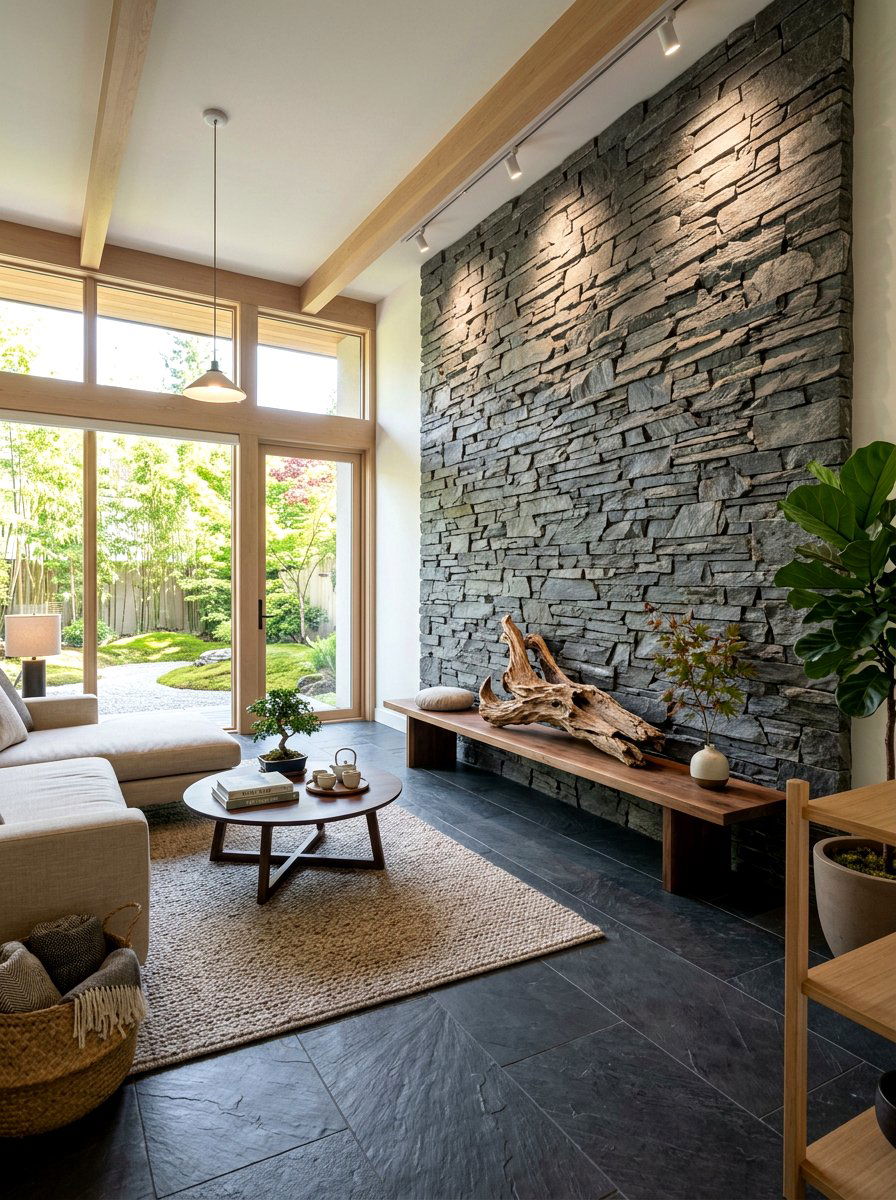 Natural Stone Accent - 30 moody hotel lobby living room ideas
