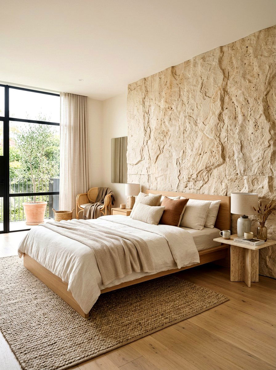 Natural Stone Accent - 30 Japandi bedroom ideas