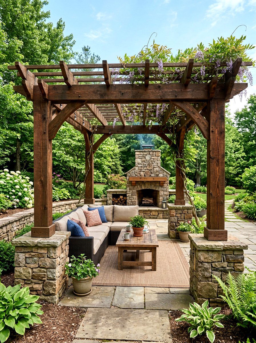 Natural Stone Base Pergola - 30 garden pergola ideas