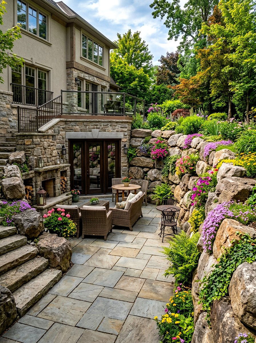 Natural Stone Retention Wall Patio - 30 walkout basement patio ideas