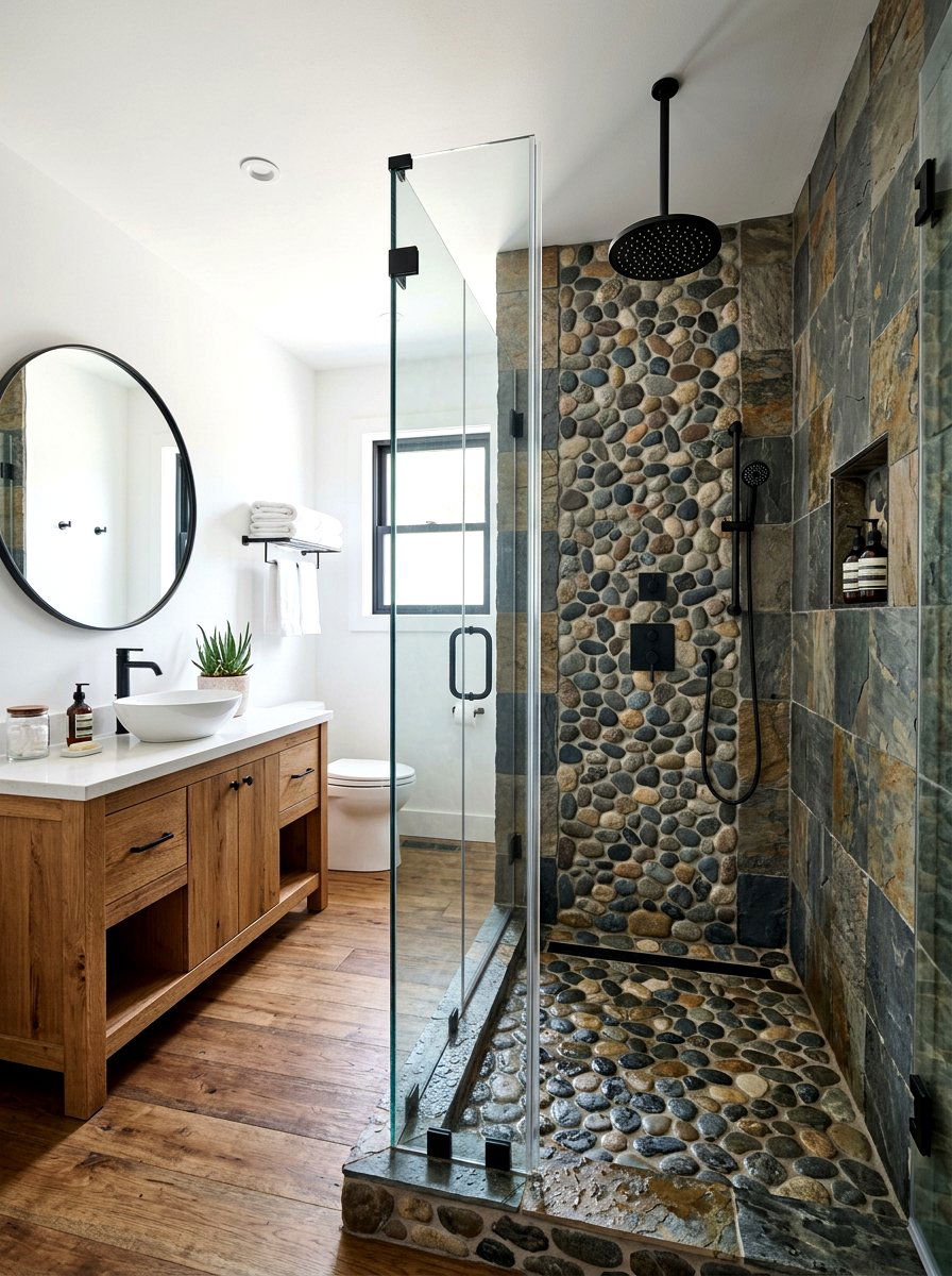 Natural Stone Shower - 30 farmhouse bathroom ideas