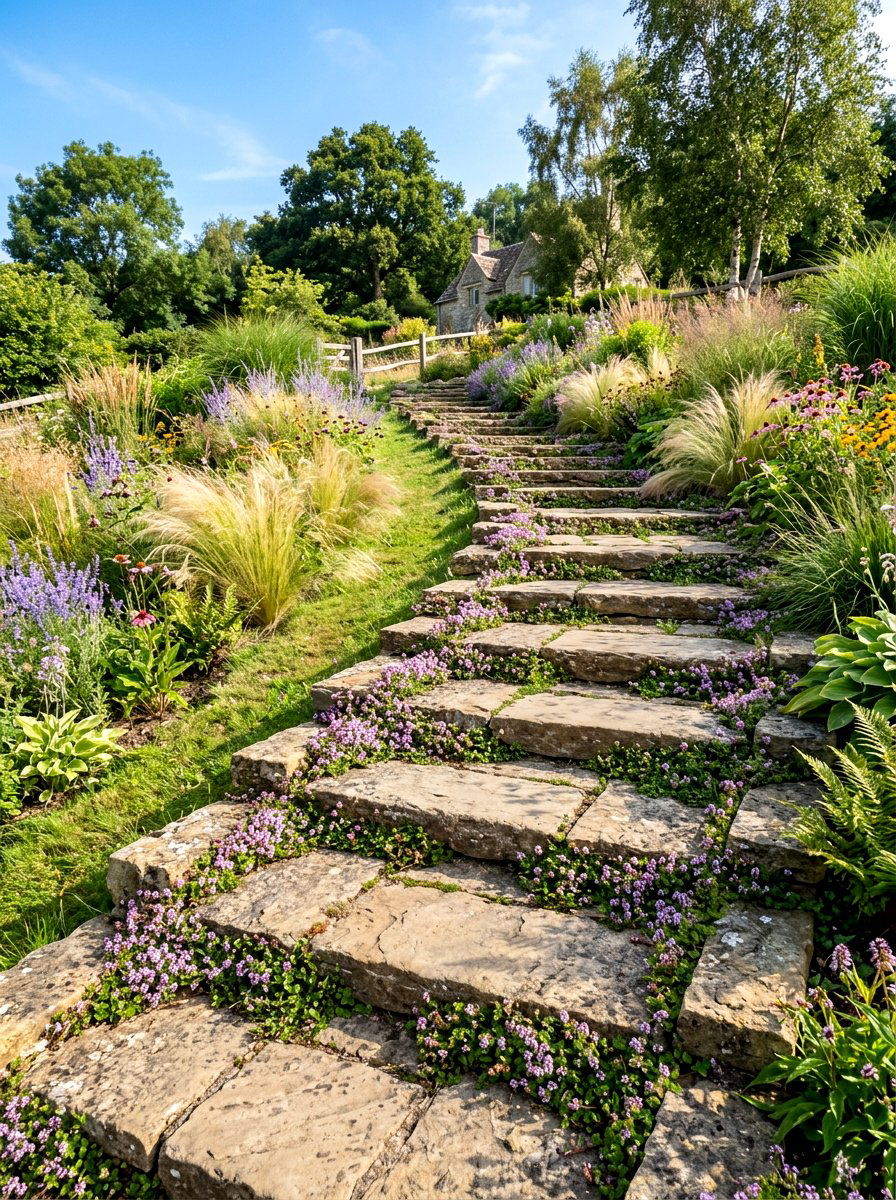 Natural Stone Staircase - 30 sloped yard landscaping ideas